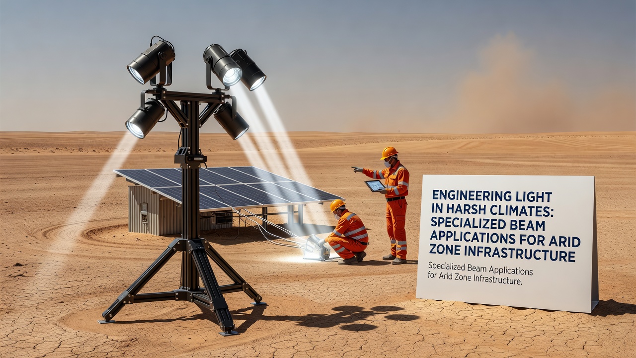 Close-up of ruggedized beam projector housing with dust-resistant seals installed in desert solar facility