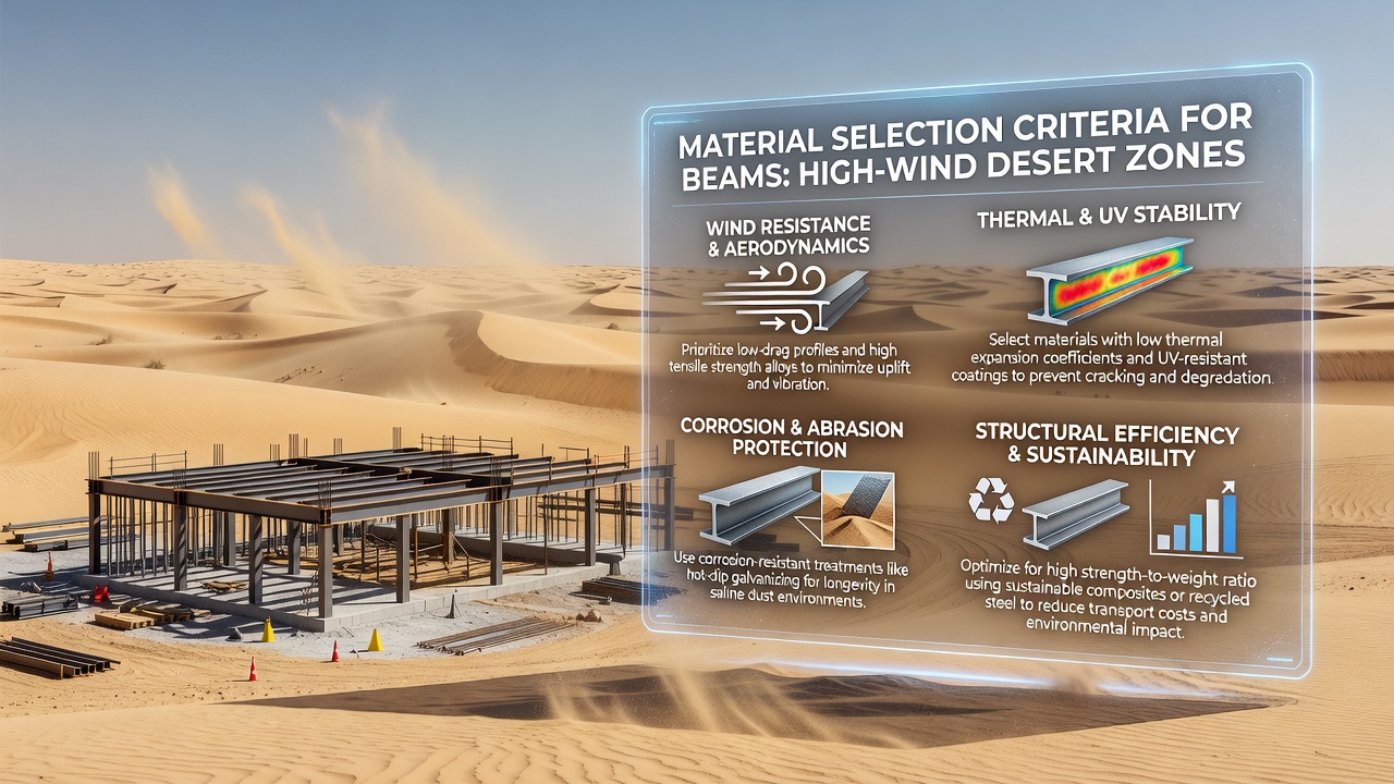Engineers inspecting installed beams on a desert construction site with wind measurement equipment and sand accumulation visible around structural elements